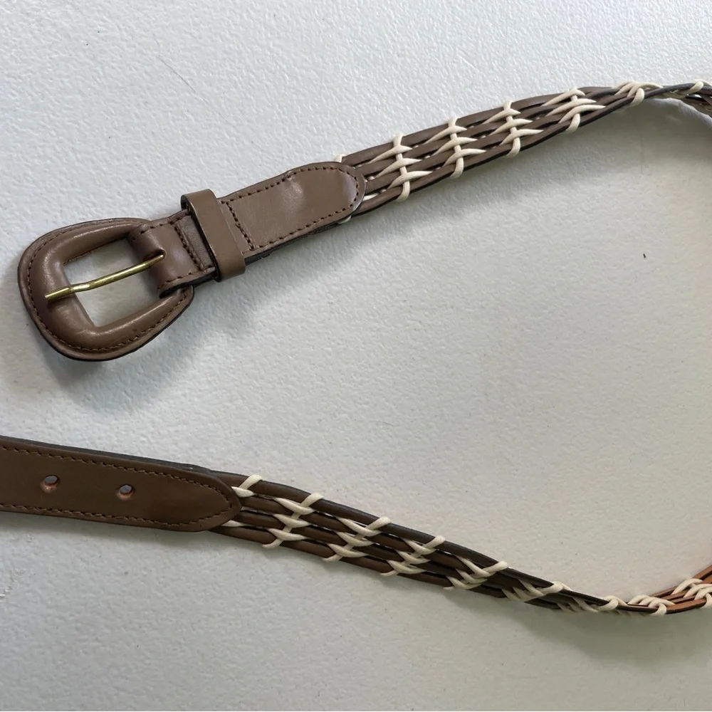 VTG Jaeger Woven Leather Belt Buckle Taupe Unisex Size 34” 90s Style Preppy Boho